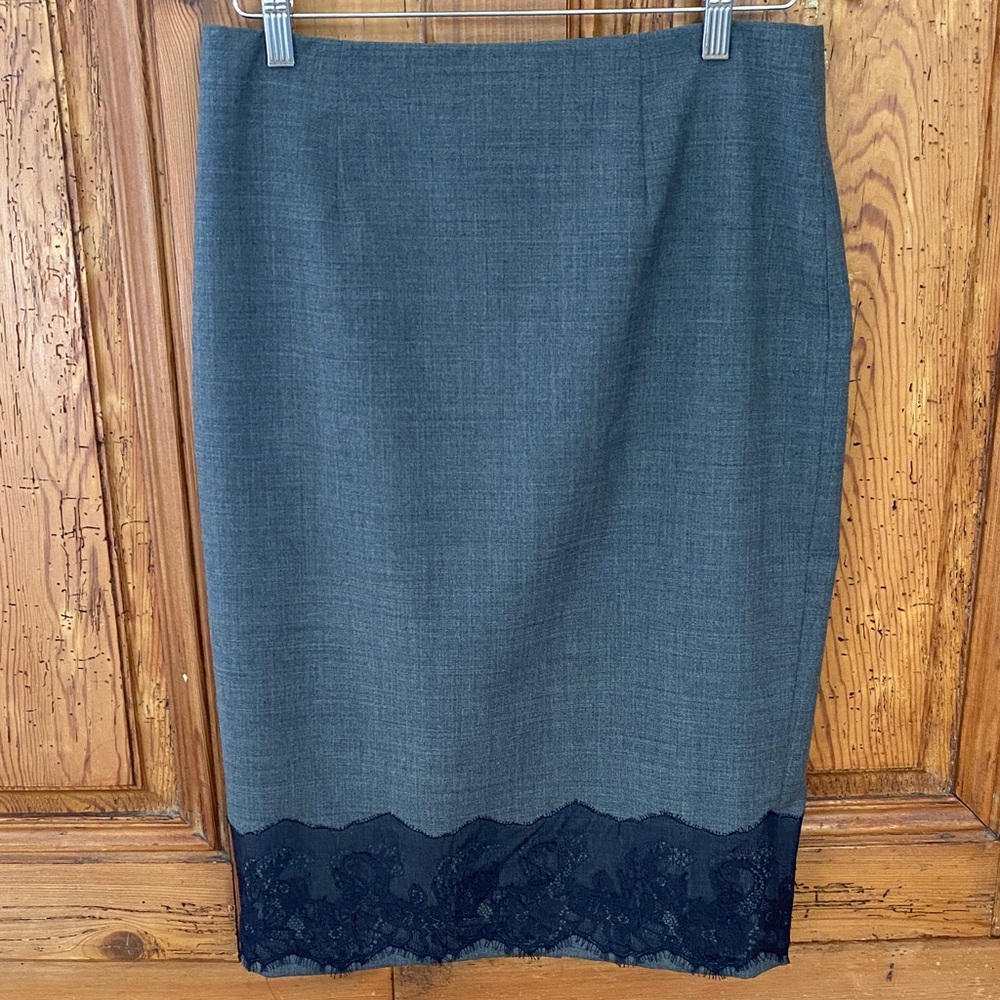 Saks Fifth Avenue Charcoal Pencil Skirt with Black Lace